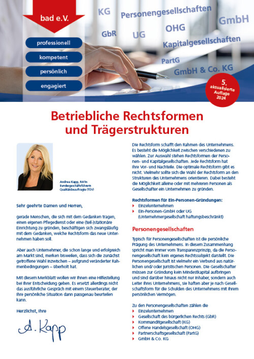 Betriebliche Rechtsformen und Trägerstrukturen 2 Merkblatt Betriebliche Rechtsformen und Trägerstrukturen