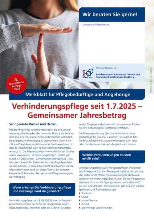Verhinderungspflege 4 Merkblatt Verhinderungspflege – Gemeinsamer Jahresbetrag