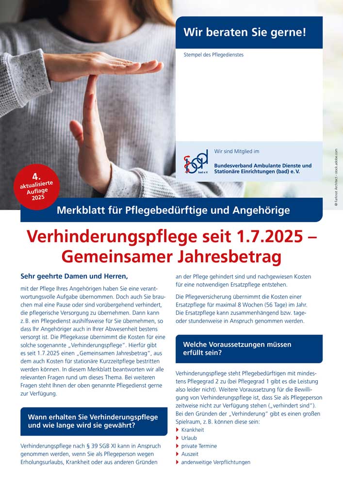 Verhinderungspflege 1 Merkblatt Verhinderungspflege – Gemeinsamer Jahresbetrag