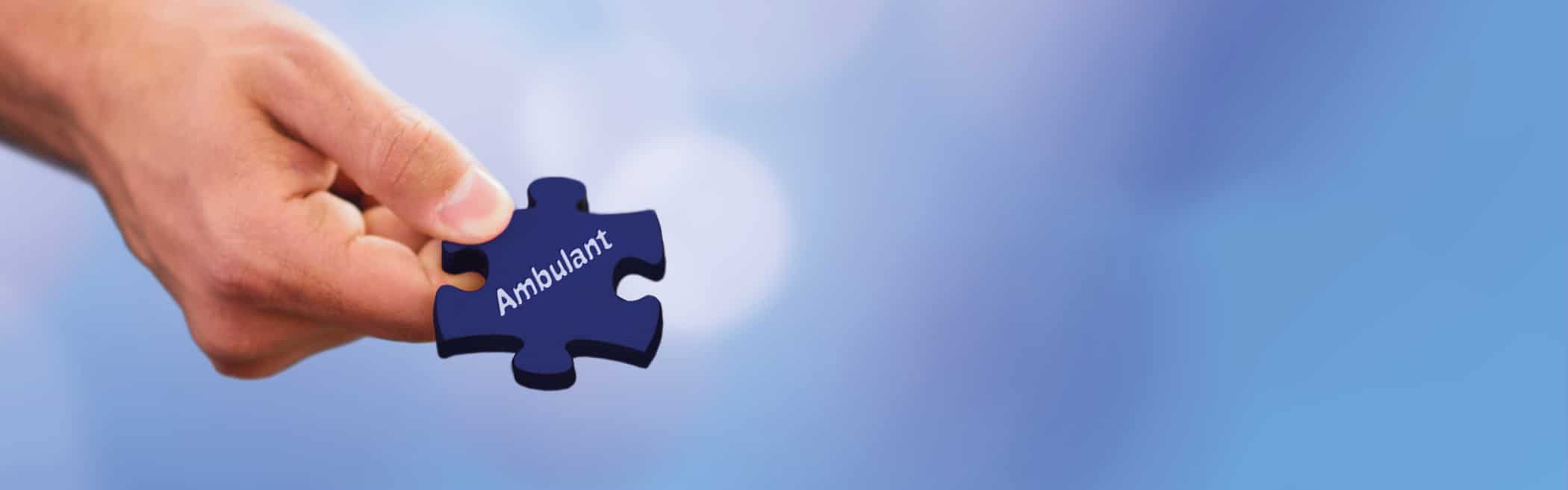Hand hält ein blaues Puzzle mit der Aufschrift ‚Ambulant‘.