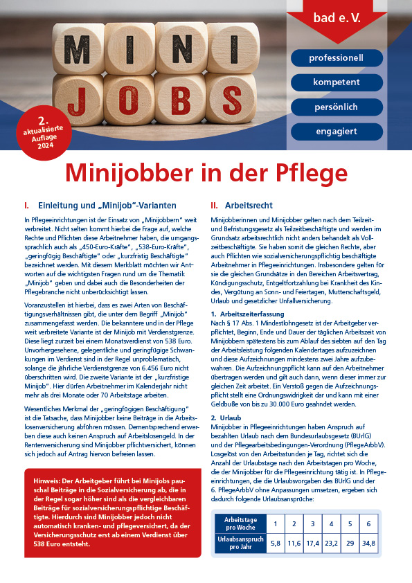 Minijobber in der Pflege 1 Merkblatt Minijobber in der Pflege.