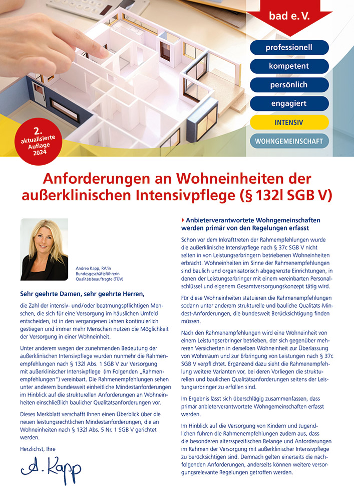 Anforderungen an Wohneinheiten der außerklinischen Intensivpflege (§ 132I SGB V) 1 Merkblatt Anforderungen an Wohneinheiten der außerklinischen Intensivpflege