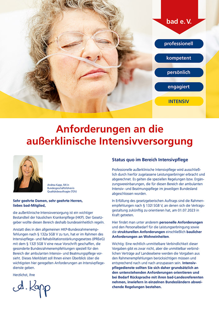 Anforderungen an die außerklinische Intensivversorgung 1 Merkblatt Anforderungen an die außerklinische Intensivversorgung