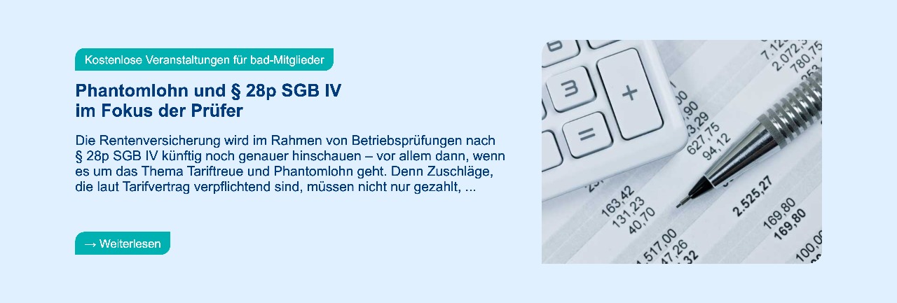 Infotext über eine kostenlose Veranstaltung für bad-Mitglieder. Daneben ein Bild eines Taschenrechners und Zahlen.
