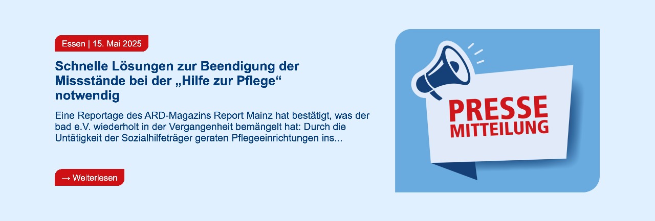 Infotext über 'Schnelle Lösungen zu Beendigung der Missstände bei der „Hilfe zur Pflege“ notwendig' mit Bild eines Megafons und der Aufschrift PRESSE MITTEILUNG.